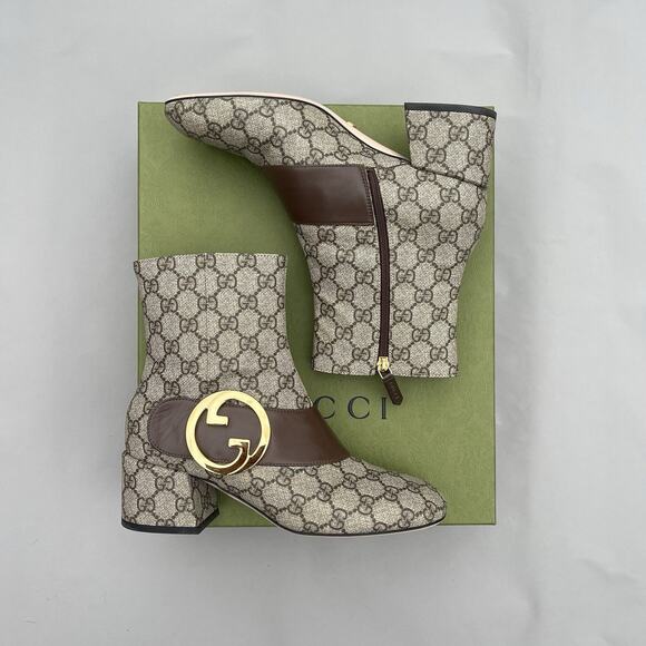GUCCI 38 beige GG Supreme canvas BLONDIE brown Leather gold GG logo ankle Boots - Picture 1 of 14